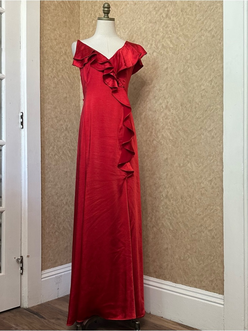 Red Satin Asymmetrical One Shoulder Ruffle Slit Leg Formal Evening Dress